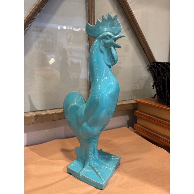 Mid 20th Century Vintage Turquoise Glazed Ceramic Rooster Figurine For Sale - Image 5 of 6