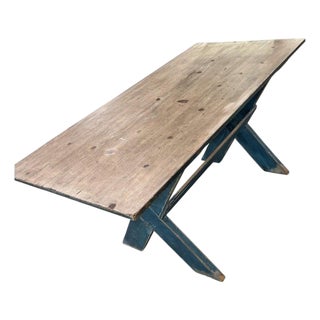 19thc Scrub Top Blue Painted Trestle Table For Sale