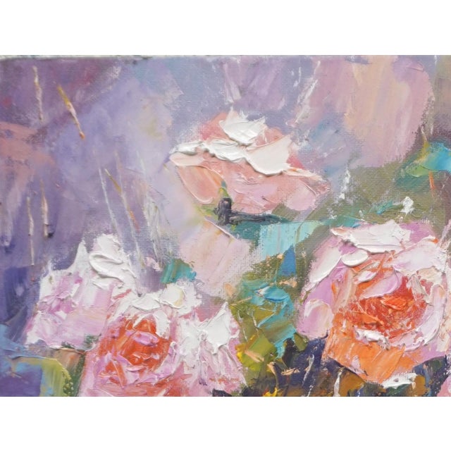 Original oil painting by Sean Wu, A bouquet of flowers in full bloom in a glass vase.