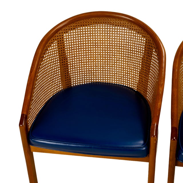 1970s 1970s Set of 4 Bent Oak & Cane Tub Chairs on Casters W/ Royal Blue Cushions in the Manner of Ward Bennett For Sale - Image 5 of 18
