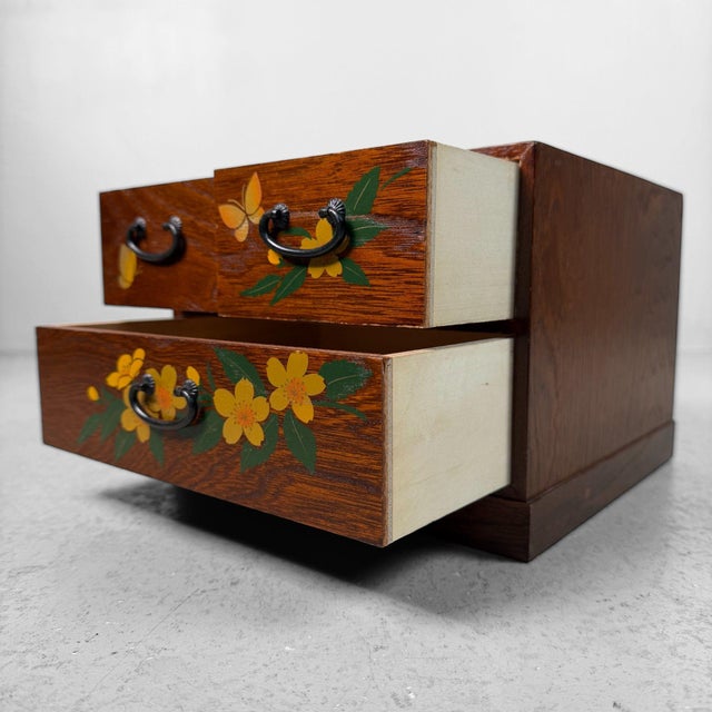 Contemporary Small Japanese Wooden Drawer Chest with Flowers and Butterflies, 1980s For Sale - Image 3 of 12