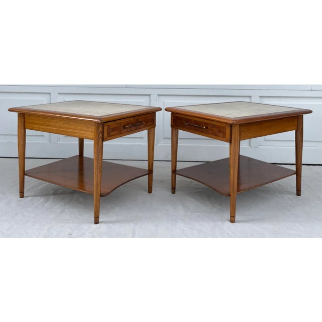 Wood Pair of Lane Perception Weave Design and Travertine Side Table Nightstands For Sale - Image 7 of 13