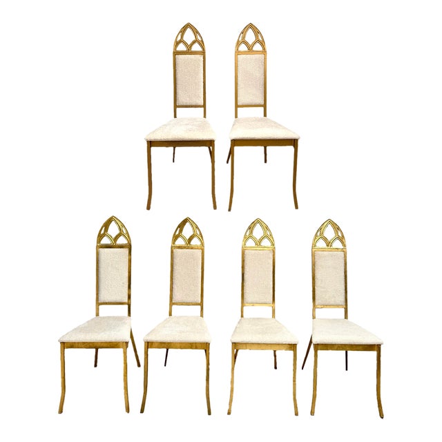 Set of 6 Hollywood Regency Gothic Revival Gilt Dining Chairs With Bouclé Upholstery For Sale