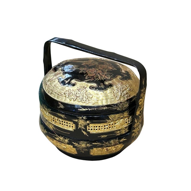 Black Vintage Oriental Black Golden Graphic Stack Wedding Basket Display For Sale - Image 8 of 17