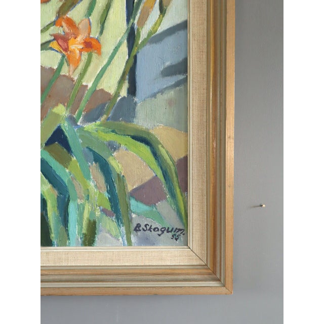 1955 Mid-Century Modern 'Daylilies in Sunlight' Vintage Original Floral Still Life Oil Painting, Framed For Sale - Image 4 of 11