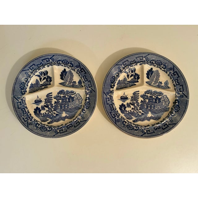Heavy ironstone 1950s restaurant divided dishes in a blue willow transferware with Pagoda Canton Ware Pattern. Excellent...