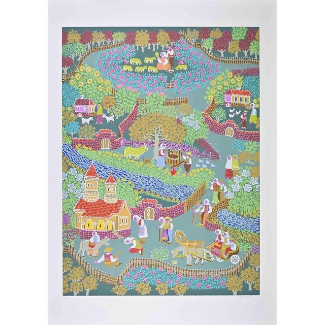 Modern Milan Rasic, Village Life with Church and Procession, Screenprint, 1976 For Sale - Image 3 of 3