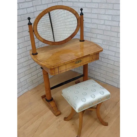 Antique Biedermeier Style Cherrywood Oval Swing Mirror Vanity With Stool For Sale - Image 11 of 11