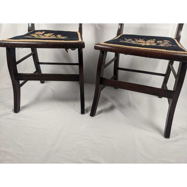 Pair of Vintage Tell City Style Dark Wood Chairs With Black Floral Needlepoint Seats For Sale - Image 9 of 14