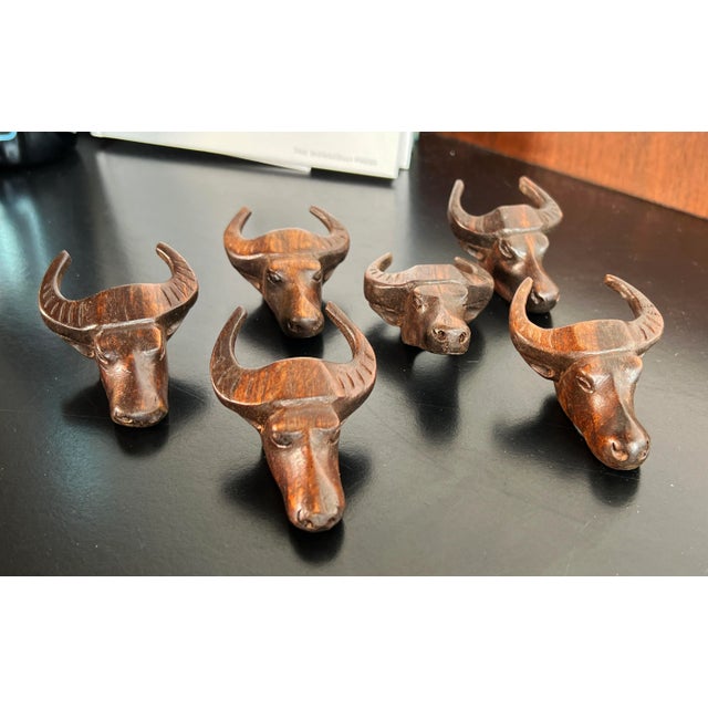 Fabulous set of 6 vintage c.1956 carved wood water buffalo head napkin rings! A great whimsical decor item for your next...