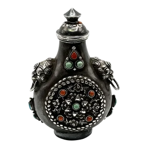 Early 20th Century Antique Silver Snuff Bottle With Inlaid Coral and Turquoise for the Mongolian Market