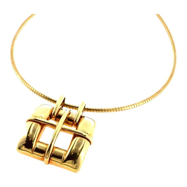 Contemporary Vintage Tiffany & Co. 18k Gold Buckle Style Pendant With Omega Wire Chain For Sale - Image 3 of 8