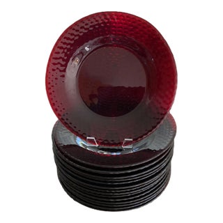 Vintage Textured Pebble Ruby Red Glass Dinner Plates- Set of 15 For Sale