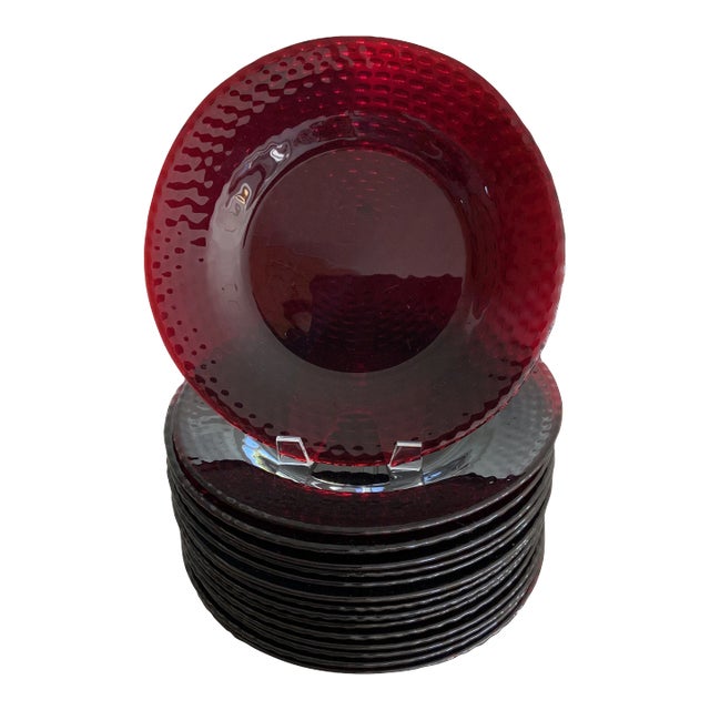 Vintage Textured Pebble Ruby Red Glass Dinner Plates- Set of 15 For Sale