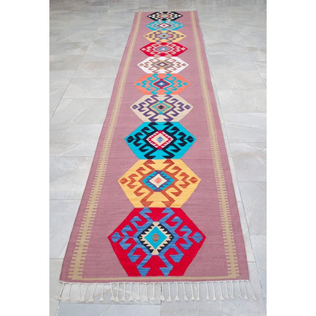 Hand Woven Silk Runner Rug . Full Tribal Design Hallway Colorful Runner Rug New - 2′7″ X 14′3″ For Sale - Image 6 of 15