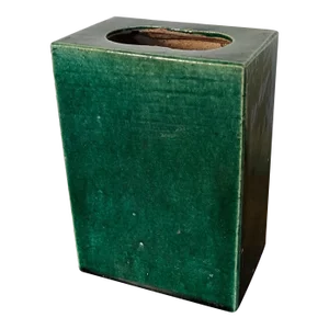 Antique 19th Century Chinese Export Porcelain Green Monochrome Glaze Pillow Form Flower Brick Vase
