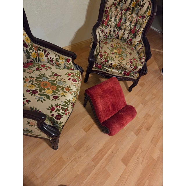 pair of Victorian parlor his and her wooden chairs from 1920s with foot stool. the foot stool 12×18×12"