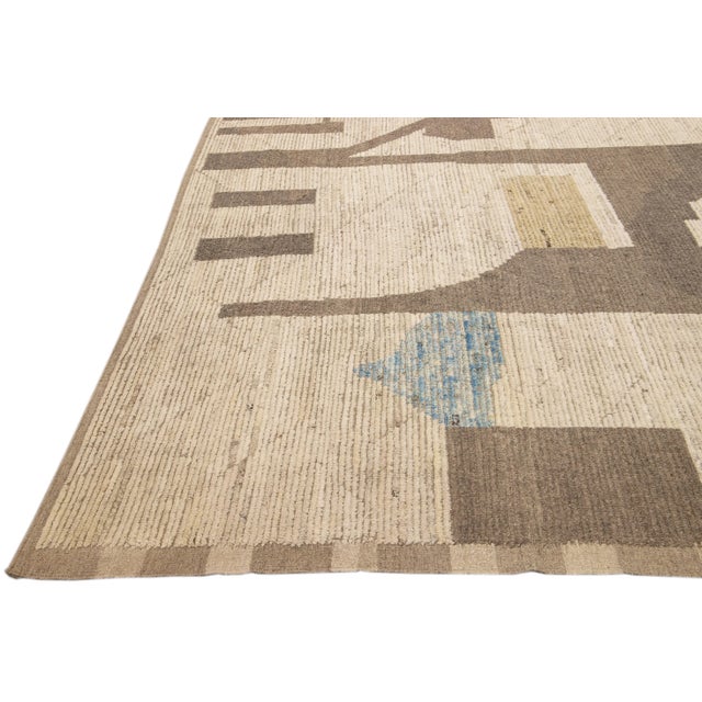 Textile Beige Modern Boho Chic Moroccan Style Handmade Abstract Motif Oversize Wool Rug For Sale - Image 7 of 10