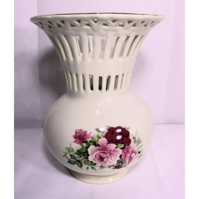 Pretty Victorian Rose, hand painted, open lace cut clay ceramic vase. 8" tall, 6" wide, no damage, very pretty. Made by...