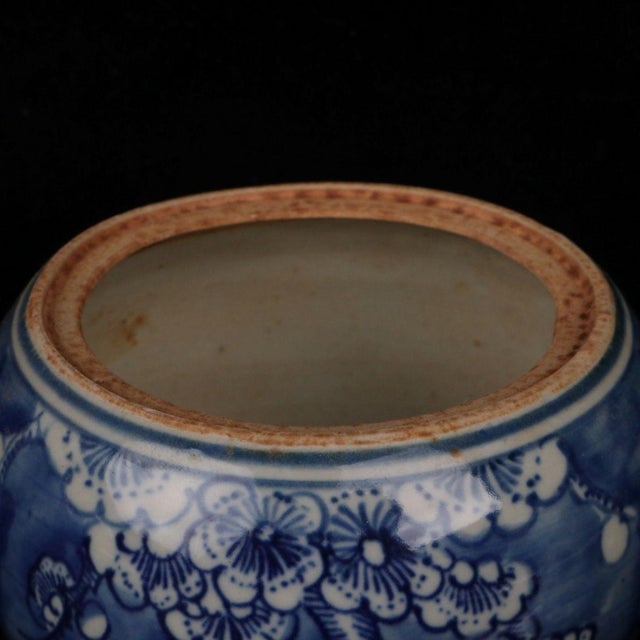 Charming small Chinese blue ground porcelain ginger jar with fitted lid, decorated with classic reserved white plum...