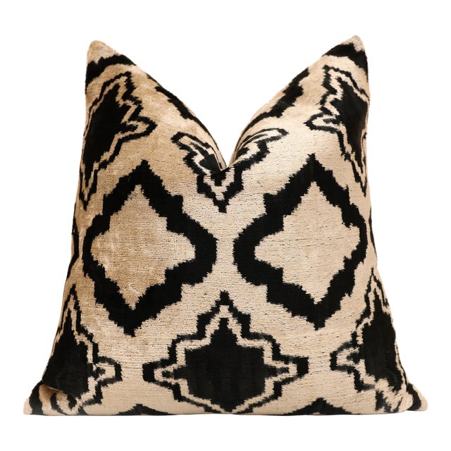 Hand-Knotted Geometric Lattice Silk Velvet Pillow - 20x20 Black & Cream For Sale