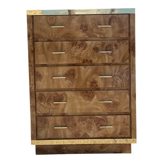 1980s Vintage Five (5) Drawer Burlwood Veneer Dresser With Polished Brass Trim For Sale