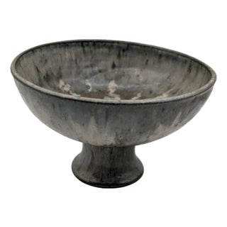 Late 20th Century Handcrafted Studio Pottery Blue Gray Glaze Speckled Pedestal Bowl Signed For Sale