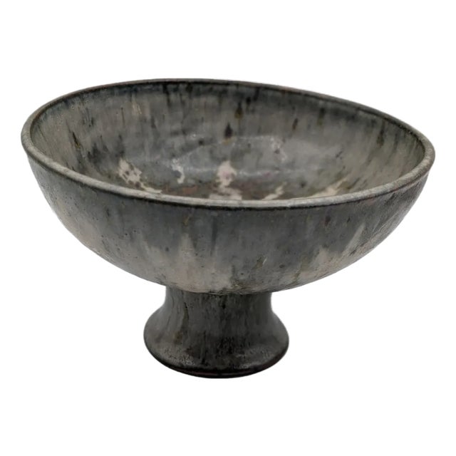 Late 20th Century Handcrafted Studio Pottery Blue Gray Glaze Speckled Pedestal Bowl Signed For Sale
