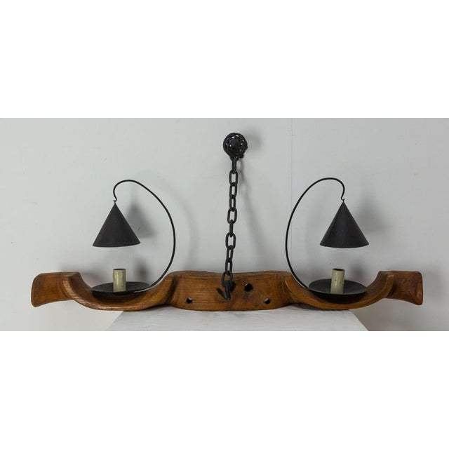 Mid-Century French Yoke Elm Sconces with Iron Double Lamps, Set of 2 For Sale - Image 10 of 14