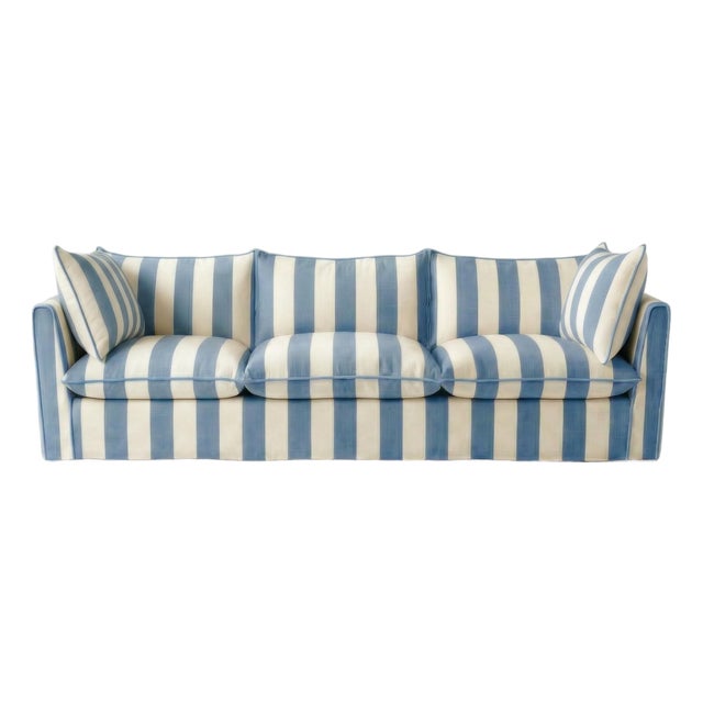 Sophie Conran Coco 4 Seater Sofa - Cornish Blue Stripes with Knife Edge Cushion For Sale