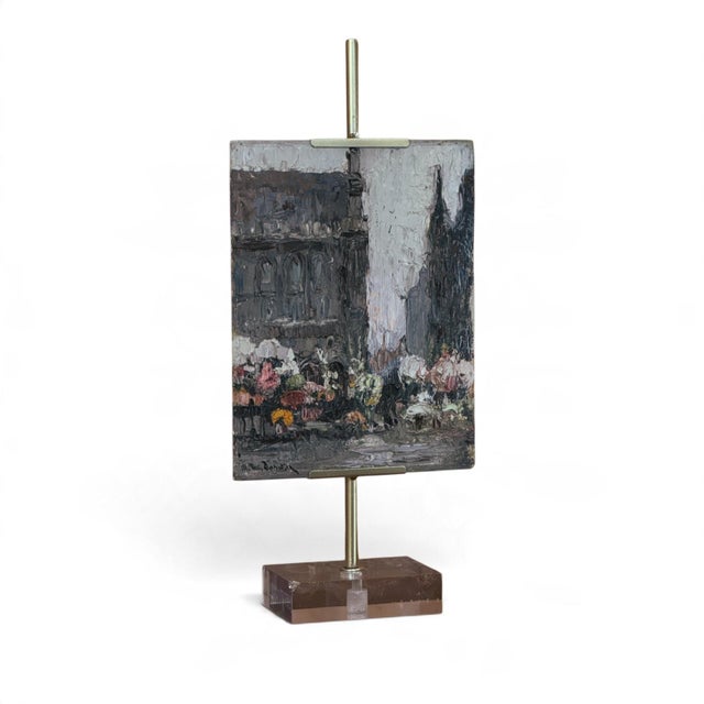 Traditional Antique Signed Oil Painting on Board 'Brussels Flower Market on the Grand Place' For Sale - Image 3 of 17