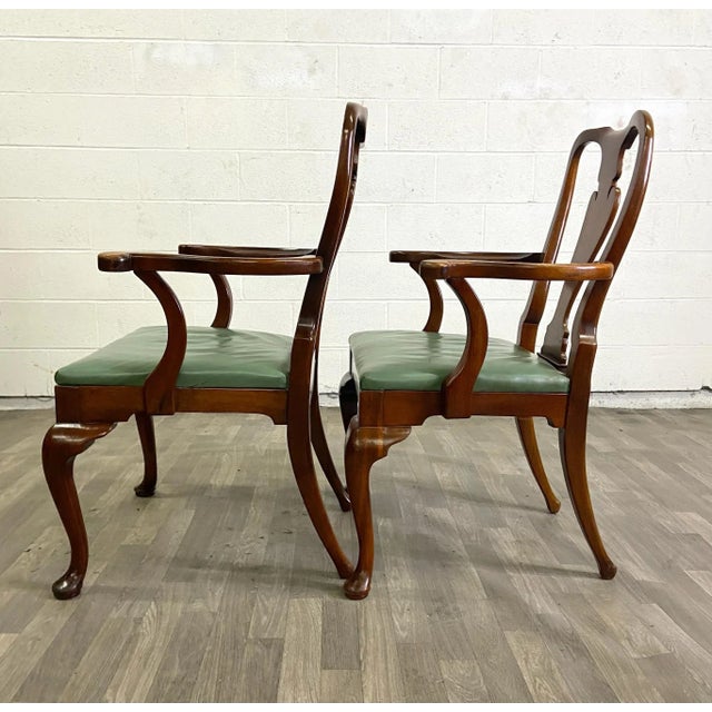 Late 20th Century Vintage Queen Anne Wood and Vinyl Dining Arm Chairs - Pair For Sale - Image 5 of 8