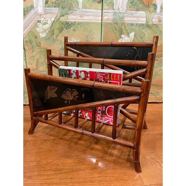 Brown Vintage English Victorian Rattan Chinoiserie Bamboo Magazine Holder For Sale - Image 8 of 10