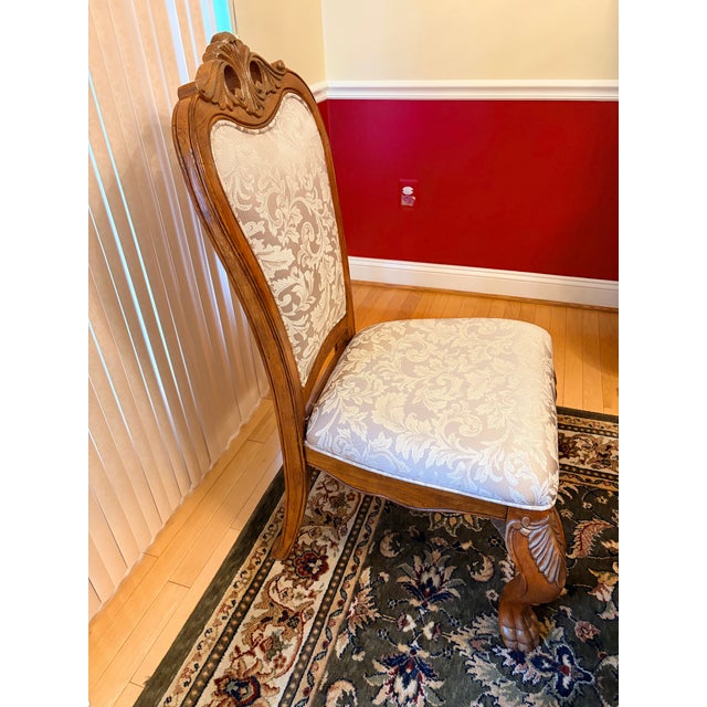 Traditional 1990s Grand Traditional Italian Carved Pedestal Dining Table & 8 Damask Chairs - 9 Piece Set For Sale - Image 3 of 9