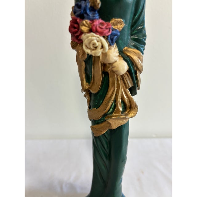 Mid 20th Century Vintage Carved Angel Figurine With Gold Feathered Wings and Painted Floral Bouquet For Sale - Image 5 of 12