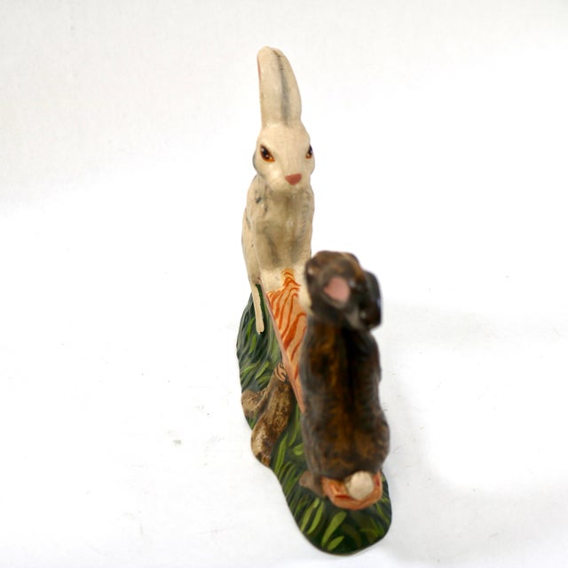 1993 Vintage Vaillancourt Sculptural Folk Art Chalkware Hand Painted Teetor Totter Rabbits Figurine For Sale - Image 4 of 10