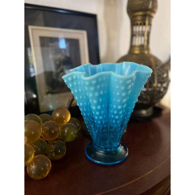 Glass Vintage Fenton Art Glass Blue Opalescent Ruffled Vase For Sale - Image 7 of 7