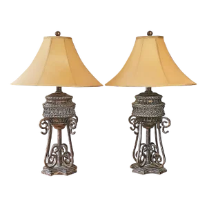 Pair of Ornate Bronze Table Lamps With Scrollwork Base and Bell Shades by Anthony California