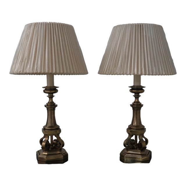 Pair Stiffel Brass Table Lamps W. Shades For Sale