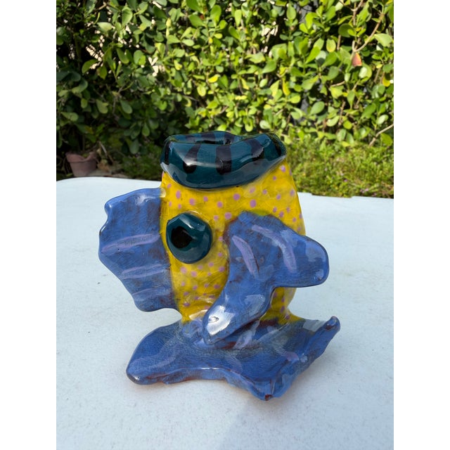 Vintage Handcrafted 4” Crackle Glazed Tropical Fish Art Pottery Vase For Sale In Naples, FL - Image 6 of 10