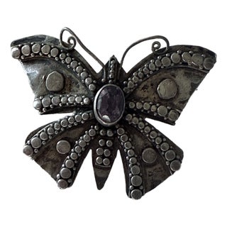 Vintage Sterling Silver 925 Butterfly Brooch With Amethyst Gemstone For Sale