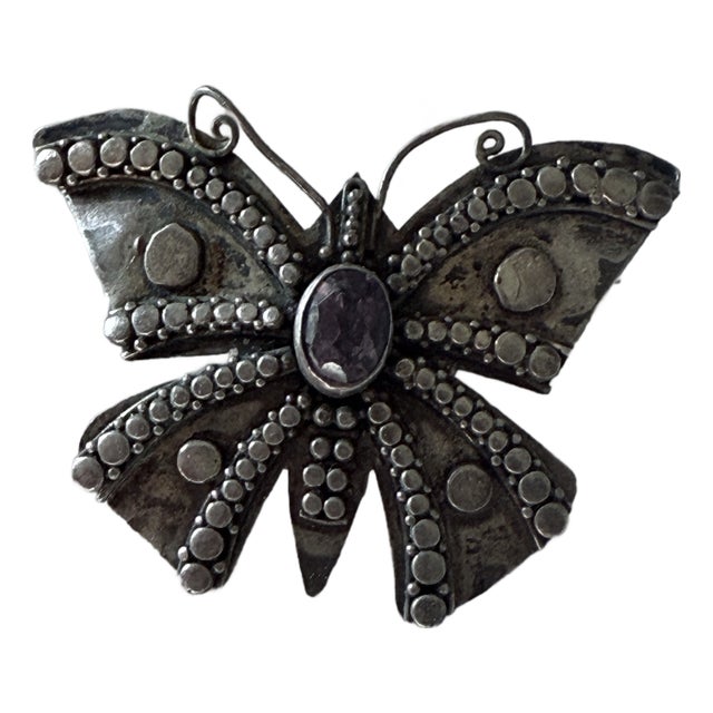 Vintage Sterling Silver 925 Butterfly Brooch With Amethyst Gemstone For Sale