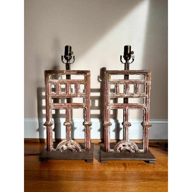 French Cast-Iron Architectural Antique Table Lamps, Pair For Sale - Image 10 of 16
