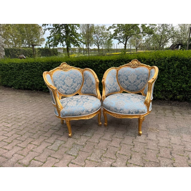 French 1940 French Louis XVI Gold Beech Damask Sofa Set - 5 PCS For Sale - Image 3 of 18