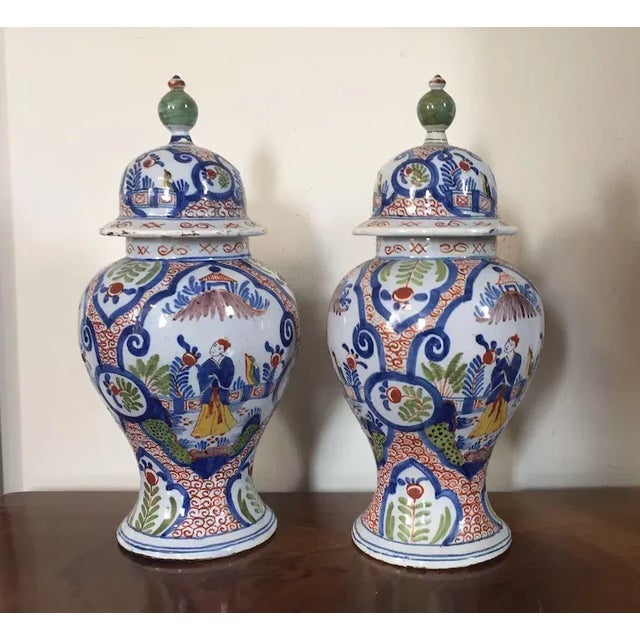 Delft 1765 Polychrome Delft Tin Glaze Faience Pottery Covered Baluster Urns - a Pair For Sale - Image 4 of 11