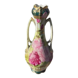 Antique Nippon Vase With Hand Painted Roses and Moriage