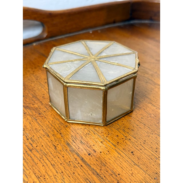 Early 20th Century Vintage Shell Type Material Trinket Box With Brass Trim - Octagon Shape For Sale - Image 5 of 9