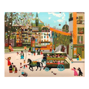 Unknown, Charming Vintage 1970s French Naive Paris Street Scene Folk Art Style Painting, c.1970s