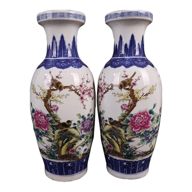 Mid 20th Century Pair of Chinese Porcelain Vases, Famille Rose Bird and Peony Floral Vases For Sale
