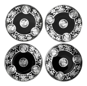 1920s Rockwell Geisha and Pairpoint Black Glass Sterling Overlay Plates - Set of 4